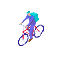 A pixel art icon showing a cyclist with a backpack on a bicycle. the mosaic style is vivid.
