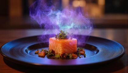 Elegant salmon fillet plated with vibrant garnishes and aromatic smoke effect. This culinary creation features fresh ingredients, artistic arrangement, and a sophisticated dining experience.
