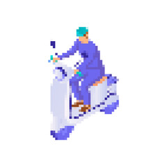 Fototapeta premium Mosaic pixel art showing a scooter rider in blue and purple. the design features a retro style.