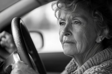 Senior woman driving a car alone, enjoying the ride and  independence, while focusing on the importance of safe driving for elderly adults, Generative AI