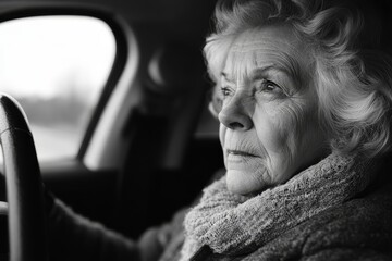 Senior woman driving a car alone, enjoying the ride and  independence, while focusing on the importance of safe driving for elderly adults, Generative AI
