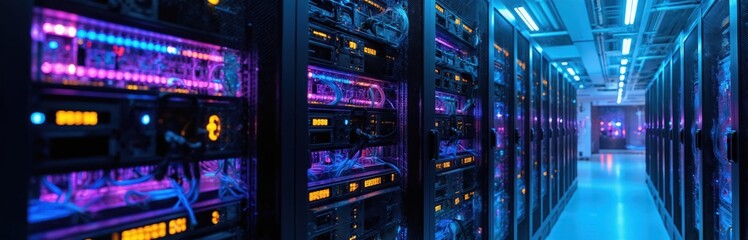Low angle view of data center server room with rows of equipment. Blinking blue, pink, yellow, red lights on network devices. Futuristic technology infrastructure provides high efficiency,
