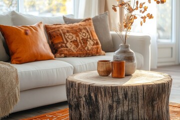 Rustic wooden coffee table placed near a white sofa with orange leather pillows. Farmhouse, ethnic, and boho-style home interior design for a modern living room, Generative AI
