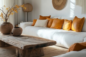 Rustic wooden coffee table placed near a white sofa with orange leather pillows. Farmhouse, ethnic, and boho-style home interior design for a modern living room, Generative AI