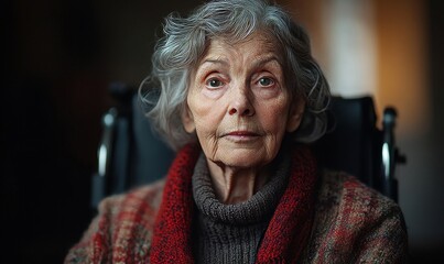 Portrait of a senior woman in a wheelchair, emphasizing the mobility support and care required for the elderly, Generative AI