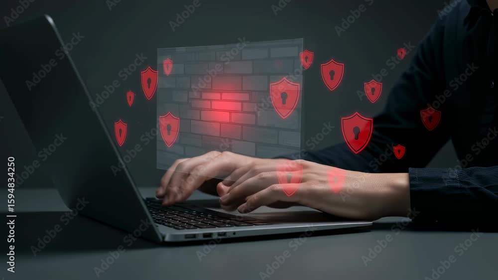 Poster man typing on a laptop with firewall on screen. cyber security and data protection technology concep