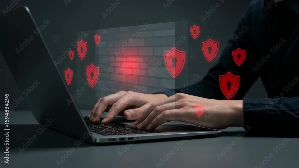 Aufkleber close up of a man's hands typing on a laptop keyboard. cyber security concept with red shields and a