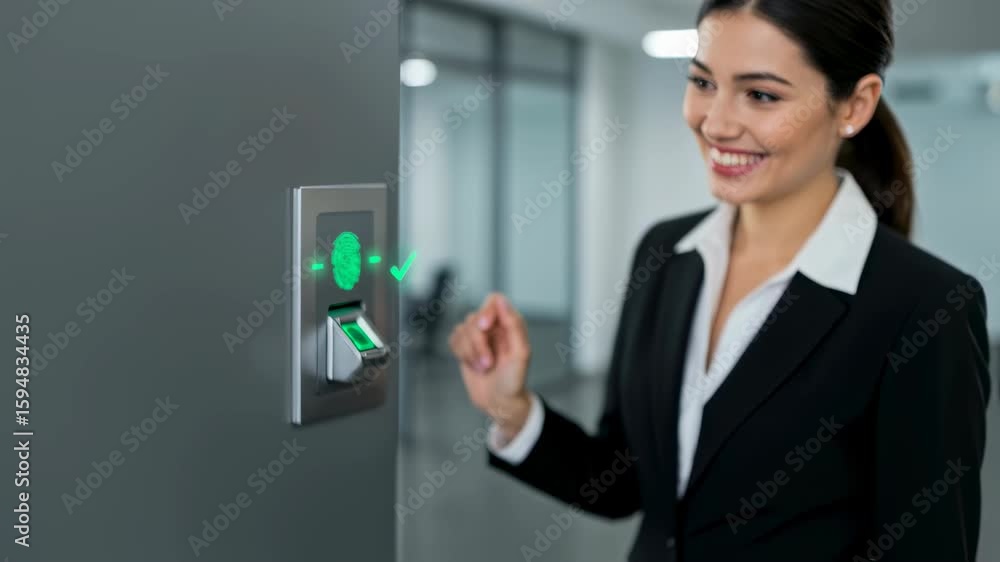 Aufkleber woman using biometric scanner on wall, showing thumb up. secure access system with fingerprint recog