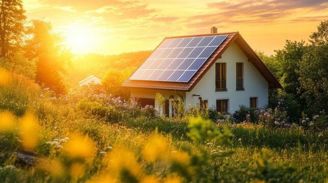 Sunlit house with solar panels in a blooming meadow at sunset.
