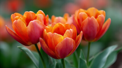 Close up of vibrant orange and red tulip flowers blooming beautifully in garden