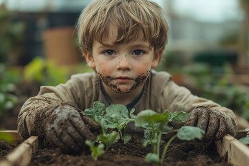 Young boy with dirty hands after gardening, taking care of small vegetable plants in a raised bed, capturing the essence of childhood learning and outdoor activity, Generative AI