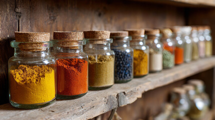 Collection of small glass jars filled with colorful spices rustic wooden shelf creating warm