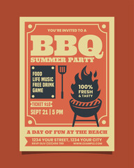 Orange and Yellow Retro Illustrative BBQ Summer Party Vertical Poster Invitation Template
