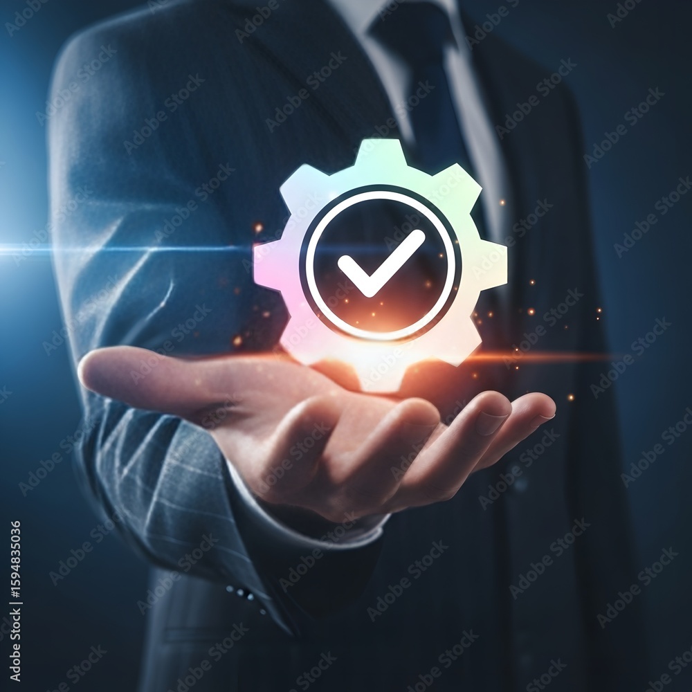 Poster businessman holding gear with check mark symbolizing quality control and process optimization in bus
