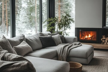 Two blue sofas placed near a fireplace. Scandinavian home interior design for a modern living room in a chalet, Generative AI