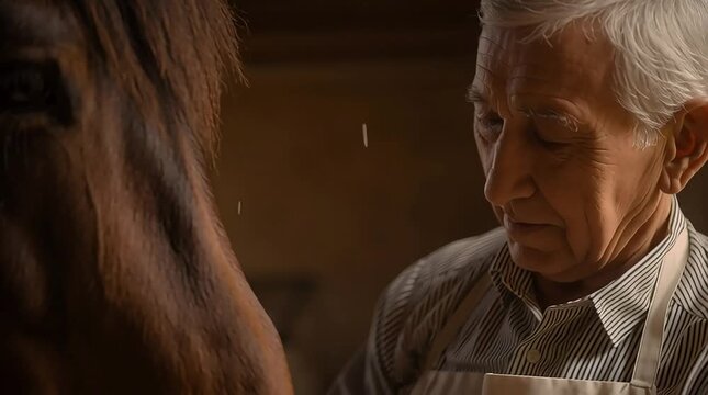 Old man tenderly holding horse's muzzle in stable, expressing deep connection and calm interaction in warm light