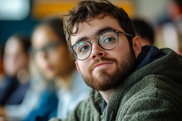 Obraz premium Down-syndrome man attending an education class in a community center, promoting inclusivity and providing access to education for individuals with disabilities, Generative AI