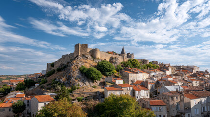 Ancient fortress on rocky hill with red roof houses under blue sky with clouds