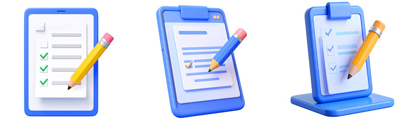 Checklist clipboard document pencil blue 3D illustration survey task office paper organization planning reminder note business education assessment writing stationery productivity management form