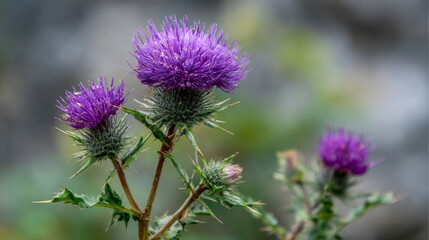 Vibrant purple thistle flower with sharp green leaves and thorny stems in natural light