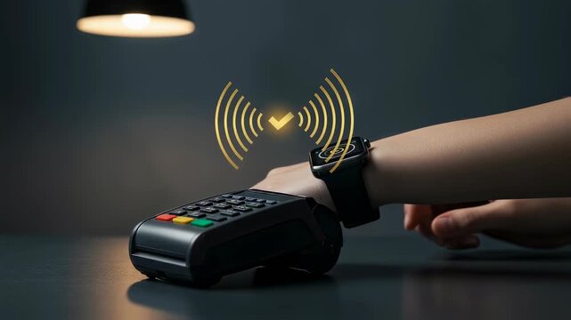 Woman paying with smartwatch. Smartwatch payment using wireless technology and NFC. Modern payment system for quick transaction footage. - Powered by Adobe