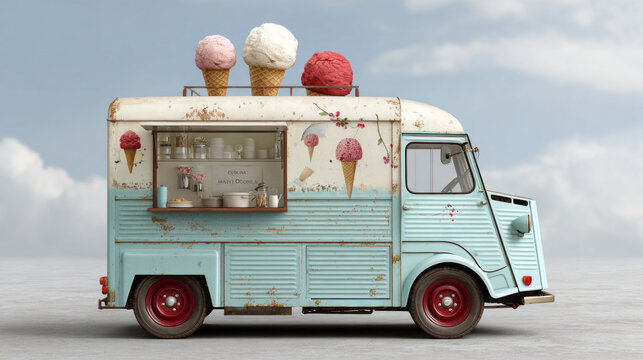 Vintage ice cream truck with large cones on top and charming pastel colors - Powered by Adobe
