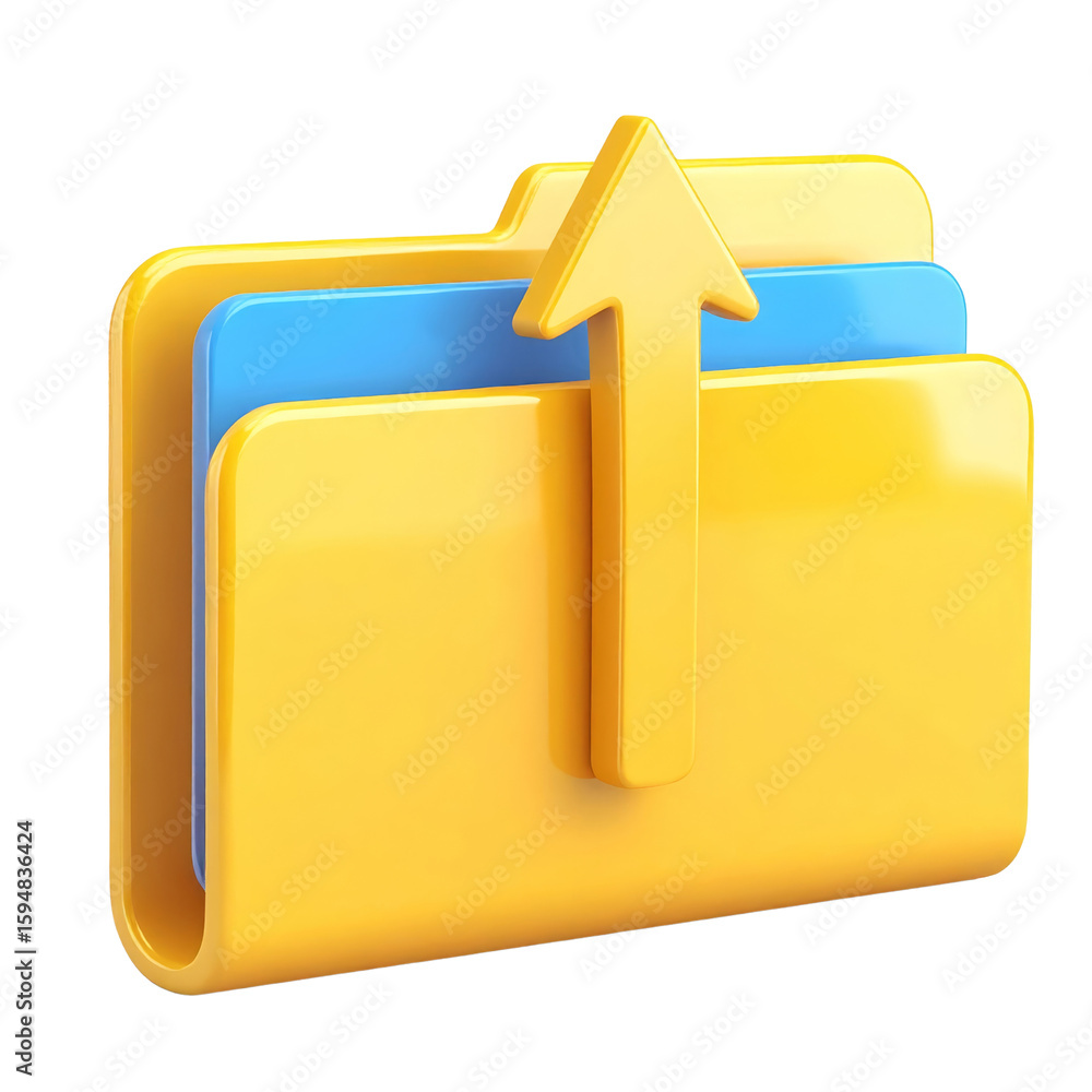 Poster yellow folder blue document upward arrow 3d icon digital upload file data cheerful isolated on trans
