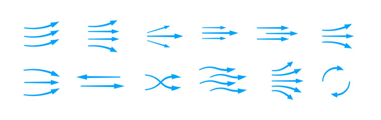 Blue arrows displaying diverse flows, symbolizing motion and air movement. straight, curved, or diverging.