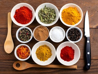 Overhead shot of various spices in white bowls, wooden spoons, and a chef's knife on a rustic wooden surface.
