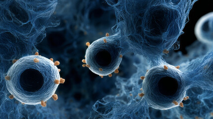 Microscopic view of biological cells with surface proteins in scientific environment