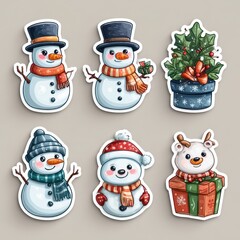 Fun and festive winter stickers featuring cheerful snowmen, holly, and a joyful reindeer with a gift