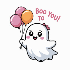 Cute ghost holding balloons smiling big, boo you text, sweet spooky greeting, Halloween surprise ghost cartoon vector  