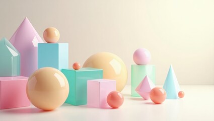 Pastel Geometric Shapes Cubes Spheres Cones Background