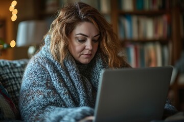 Overweight woman working on a laptop from her home office, participating in a video call, illustrating the concept of remote work and digital communication, Generative AI