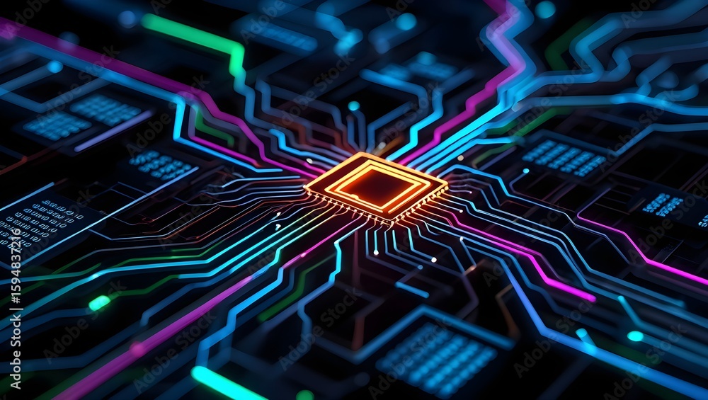 Poster abstract neon circuit board: glowing processor, futuristic technology, digital data stream, high-tec