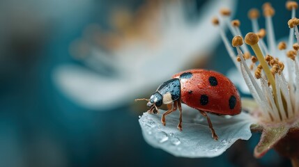Fototapeta premium A ladybug rests on a delicate white flower, captured in stunning macro detail