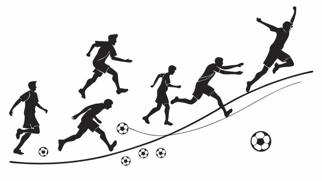 Dynamic black and white vector illustration of soccer players in various stages of action, from running and kicking the ball to scoring a goal and celebrating success. - Powered by Adobe