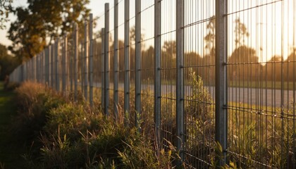Galvanized steel palisade fence surrounds property perimeter. Robust metal fence offers security protection, boundary delineation. Strong, hard-wearing vertical elements provide privacy, site
