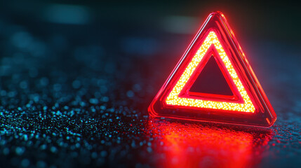 Bright red warning triangle on wet surface, signaling caution and safety in low visibility conditions