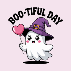 Smiling ghost in purple hat carrying pink balloon, boo-tiful day caption, cute and magical Halloween vibes design  