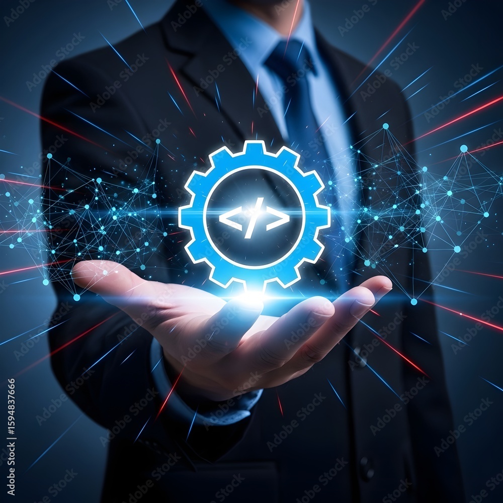Aufkleber software development and engineering concept with businessman holding a gear icon with code symbol i
