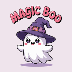 Magical ghost in purple witch hat, sparkle eyes and magic boo phrase, cute Halloween floating witchy design art  