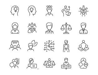 Fototapeta premium Core Values Vector Icon Set with Adjustable Line Weight – Featuring Symbols for Integrity, Empathy, Respect, Unity, Justice, and Leadership – Perfect for Corporate Ethics and HR Materials