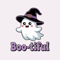 Cute ghost with purple boo-tiful text under big hat, slight pink glow and sweet eyes, Halloween greeting character vector  