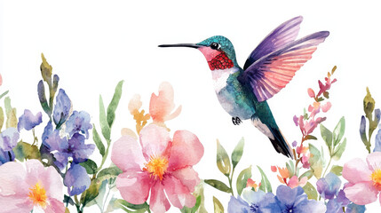 Vibrant hummingbird hovers among colorful flowers, showcasing nature beauty and grace