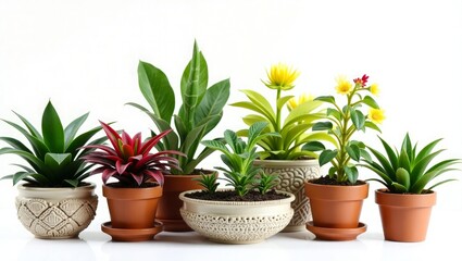 Obraz premium Assortment of Potted Plants with Green Leaves and Yellow Flowers on White