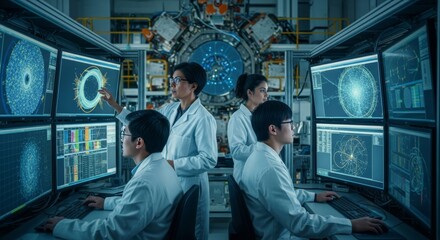 Team of scientists working on a large monitor showing complex data visualizations in a high-tech laboratory. The image depicts advanced research and technological innovation.