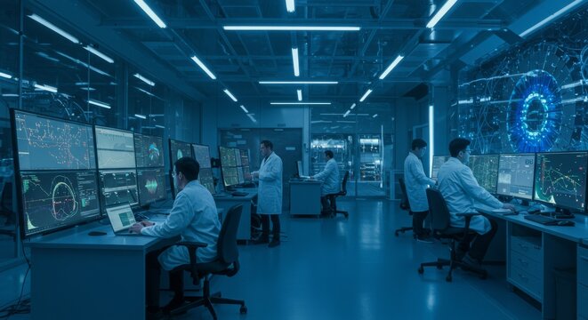 Team of scientists or engineers in a modern laboratory analyzing data on multiple computer screens.  They work in a high-tech facility with advanced technology and network visualizations. Advanced