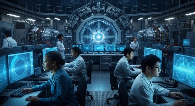 Diverse team of scientists and engineers work collaboratively in a futuristic laboratory setting, monitoring complex data on high-tech computer screens. Advanced technology and machinery are