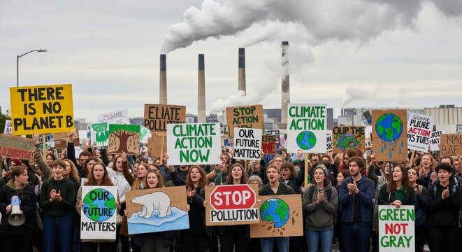 Young climate activists protest against pollution and demand climate action now.  They hold signs with slogans like 'There is no Planet B' and 'Stop Pollution'. The demonstration takes place near